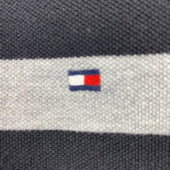 Tommy Hilfiger Polo Shirt Men Medium M Black Gray Stripe Casual Golf Embroidered - Picture 2 of 8